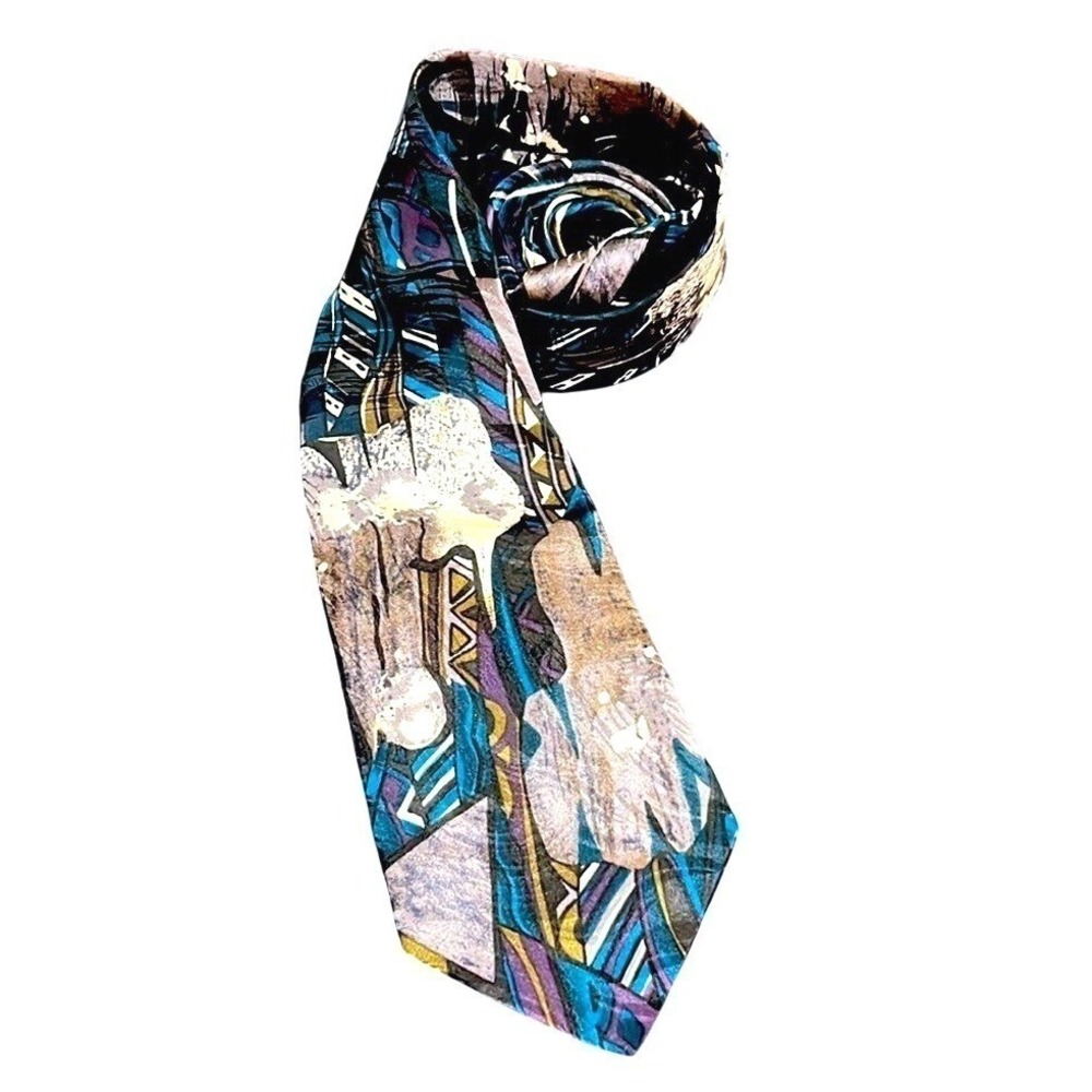VTG Men Ferracci 100% Silk Tie geometric abstract‎ print retro 90s 62 blue gray